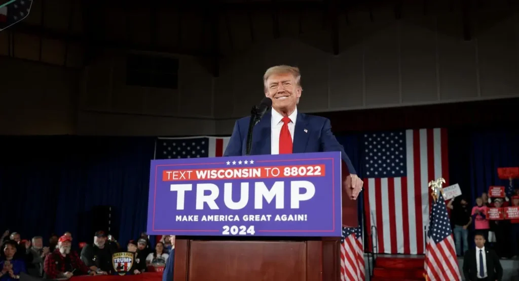 Trump on stage with usa flag in back